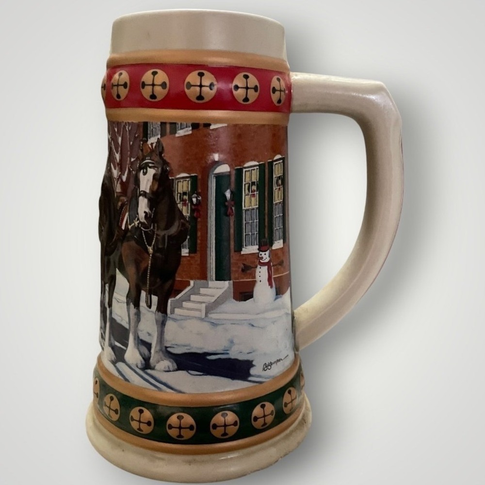 Budweiser Holiday Beer Stein 1993 Hometown Holiday Clydesdales Ceramic Vintage